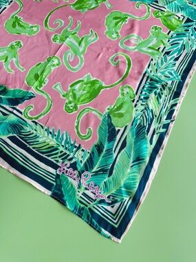 Lilly Pulitzer ‘Monkey Business’ Square 100% Silk Pink & Green Preppy Scarf NWOT